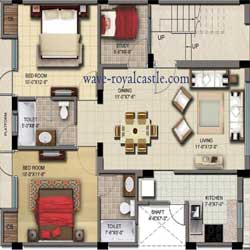 Floor Plan 2 BHK Study Room 128 square meter Layout